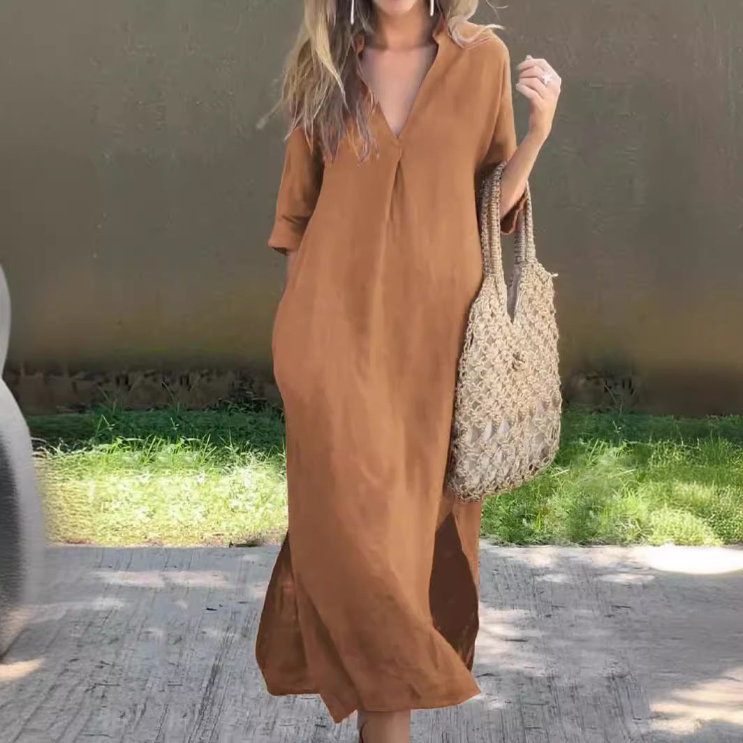 Abito da donna in cotone e lino con scollo a V e maniche corte