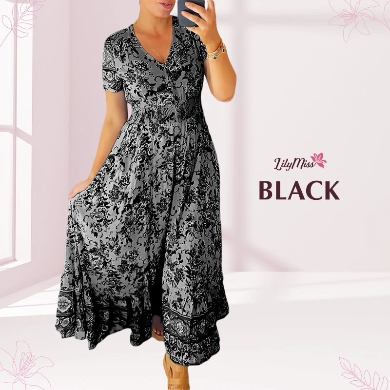 LilyMiss – Vestido maxi floral casual estampado com decote em V e cintura plissada