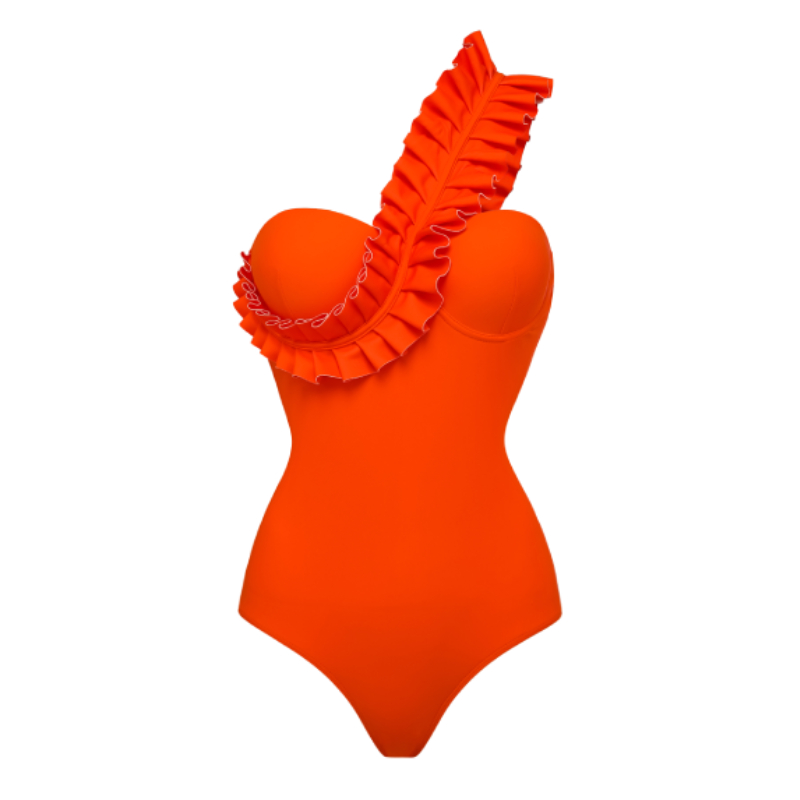 🎀One Shoulder Ruffle One Piece Orange Swimsuit and Sarong💖