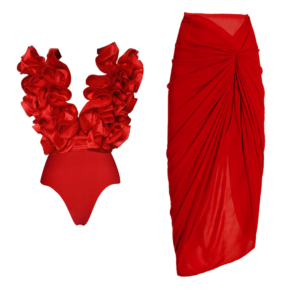 ✨ Red Flower Frilled V Neck One Piece Swimsuit and Skirt
