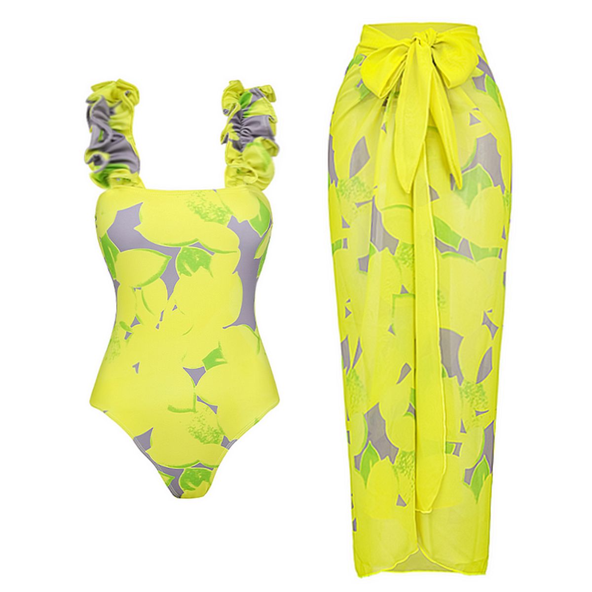 Ruffled Strap Lemon Print One Piece Swimsuit and Sarong 💕