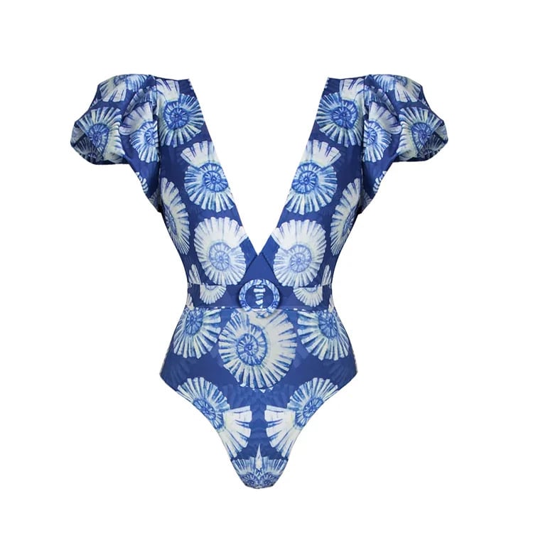 V Neck Blue Floral print OnePiece Swimsuit