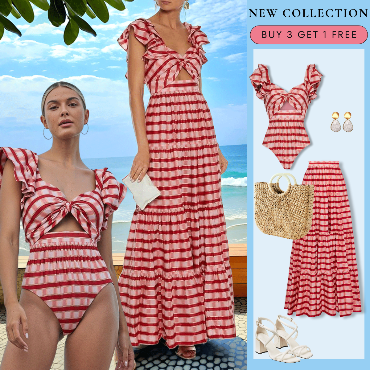 Ruffle Red Striped Printed Cut Out One Piece Swimsuit and Skirt