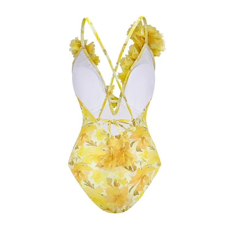 💖 Appliques Yellow Lily Floral Print One Piece Swimsuit Set