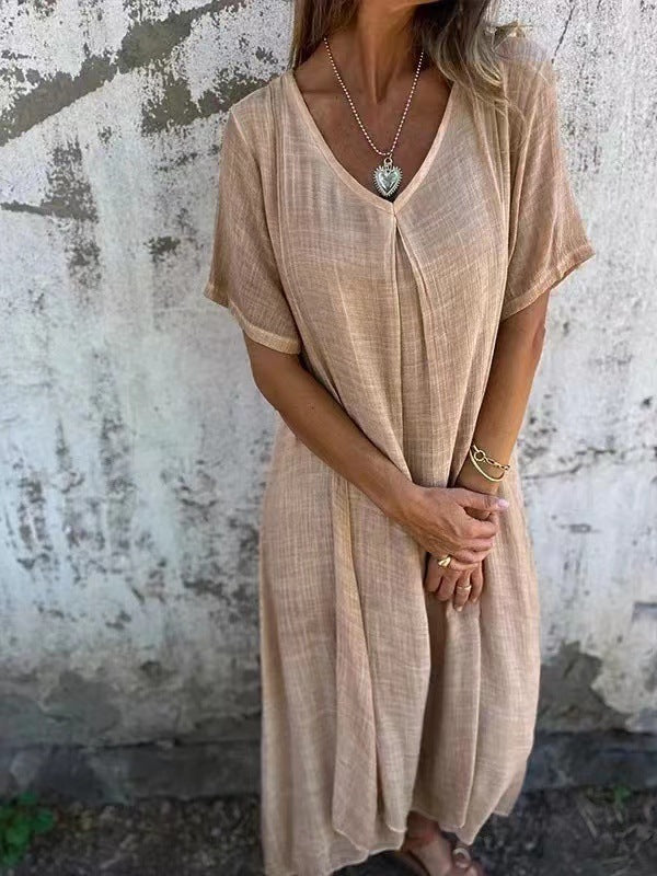 🎁Vestido de algodão e linho com gola pontuda