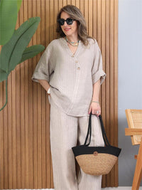 Completo casual da donna in cotone e lino a righe