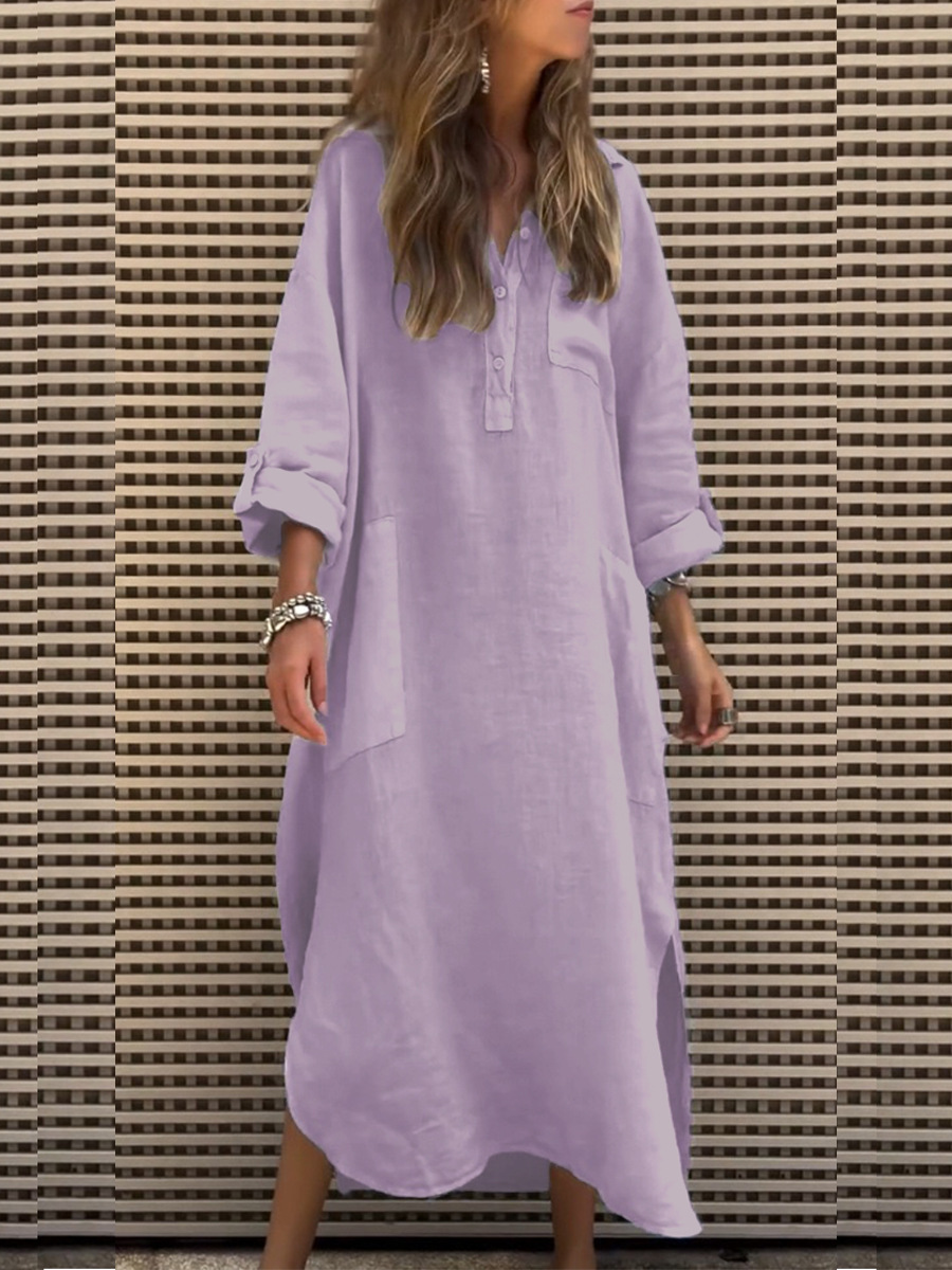 Abito da donna in cotone e lino con scollo a V e maniche lunghe