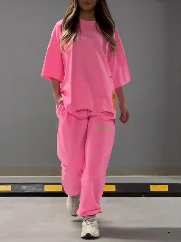 T-shirt girocollo alla moda, ampia e cava, set da due pezzi