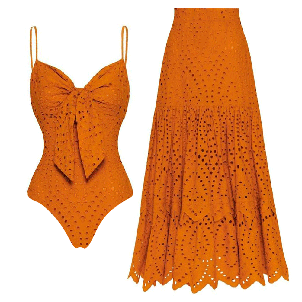 Sling Cut Out Bow Tie One Piece Swimsuit and Skirt