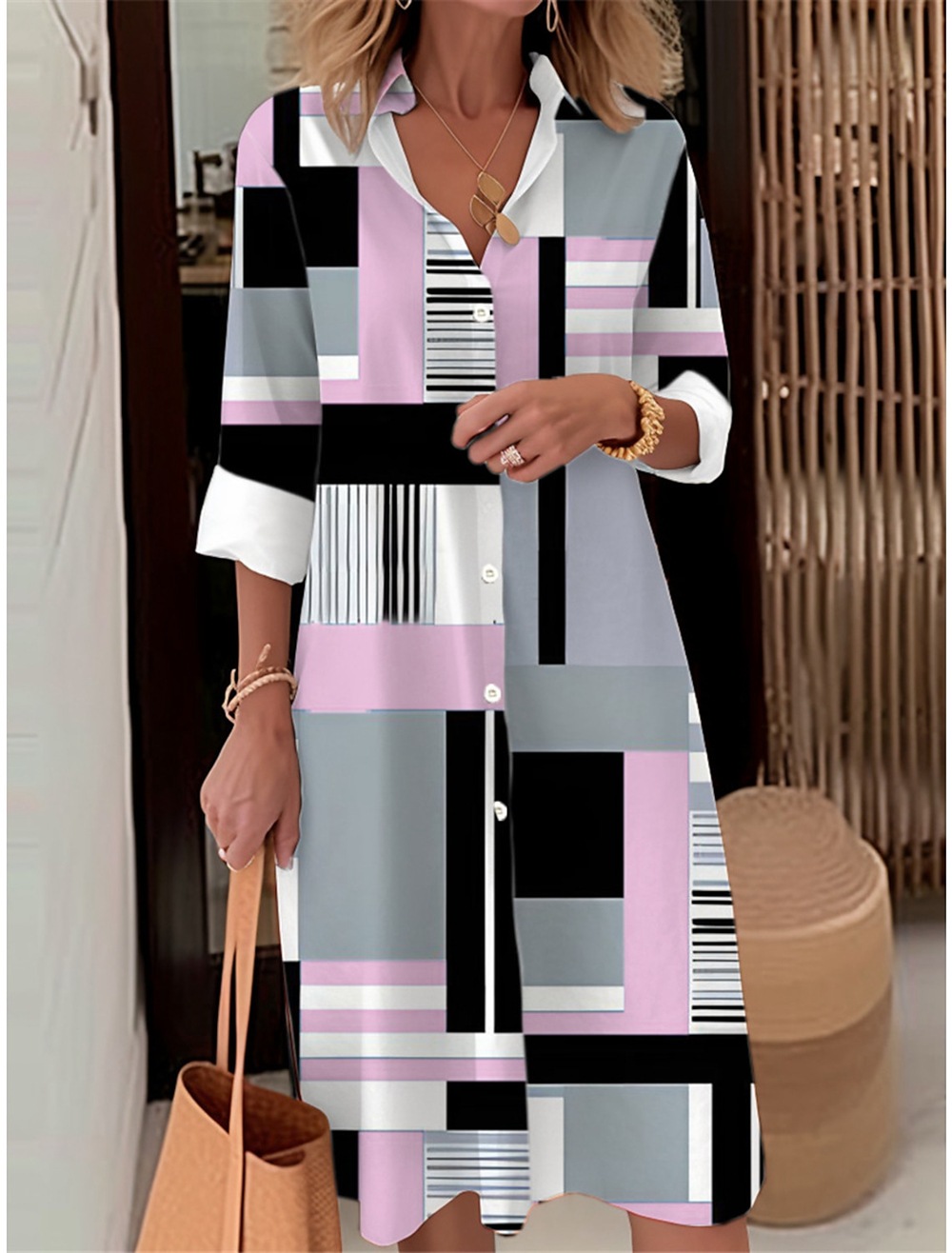 Abito elegante ampio stampato in stile casual scozzese tinta unita