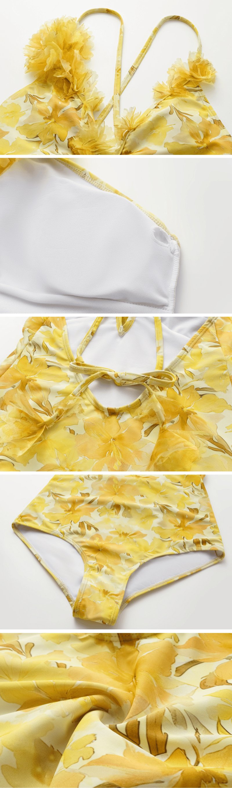 💖 Appliques Yellow Lily Floral Print One Piece Swimsuit Set