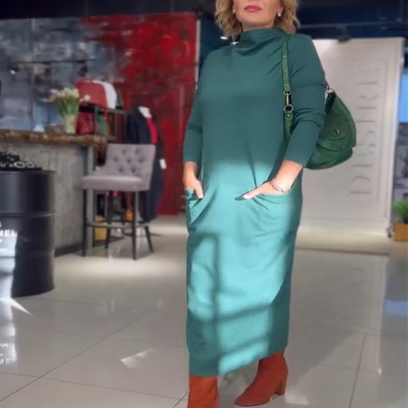 Őszi és téli alkalmi ruha, hosszú ujjú, magas nyakú, egyszínű zsebek