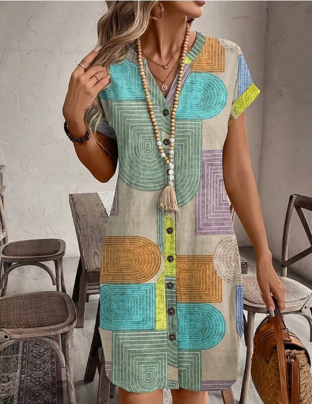 Vestido elegante com decote em V e mangas abotoadas