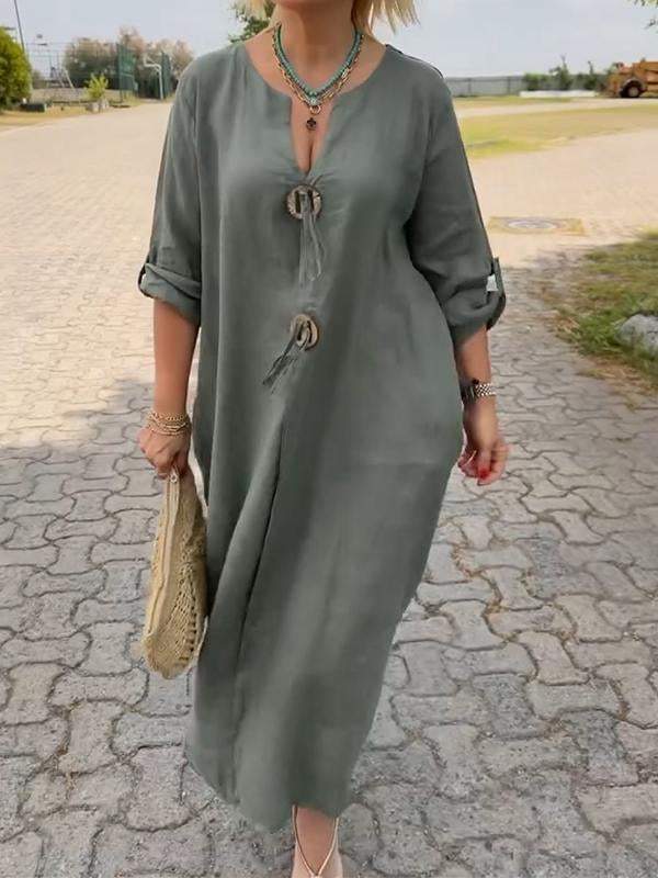 Vestido casual de algodão e linho com decote em V