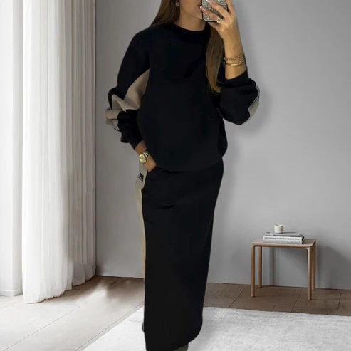 Completo top a maniche lunghe colorblock e gonna spaccata