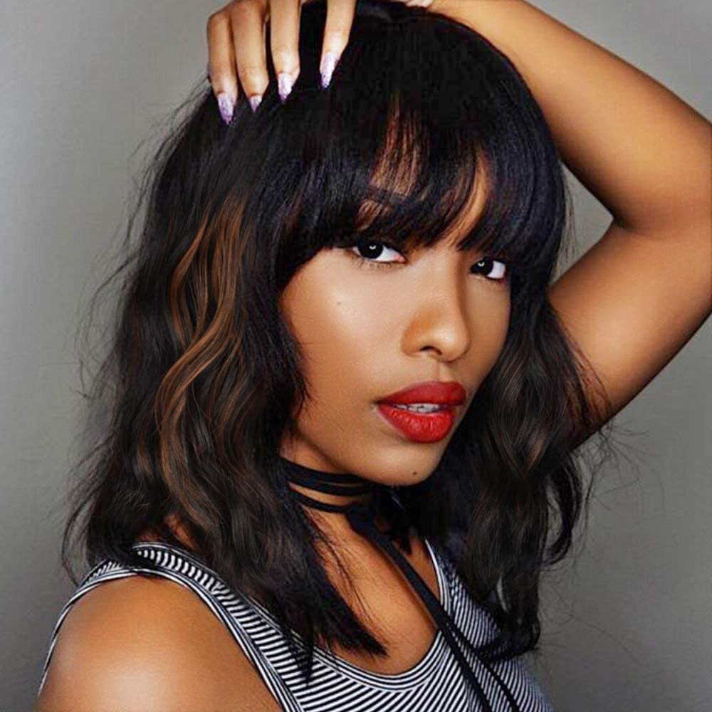 Multicolor - Medium Length Curly Hair with Thick Bangs