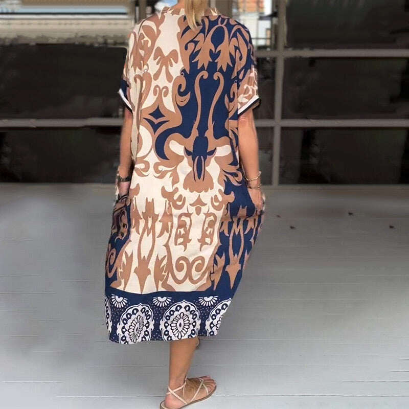 Vestido midi solto estampado gola alta