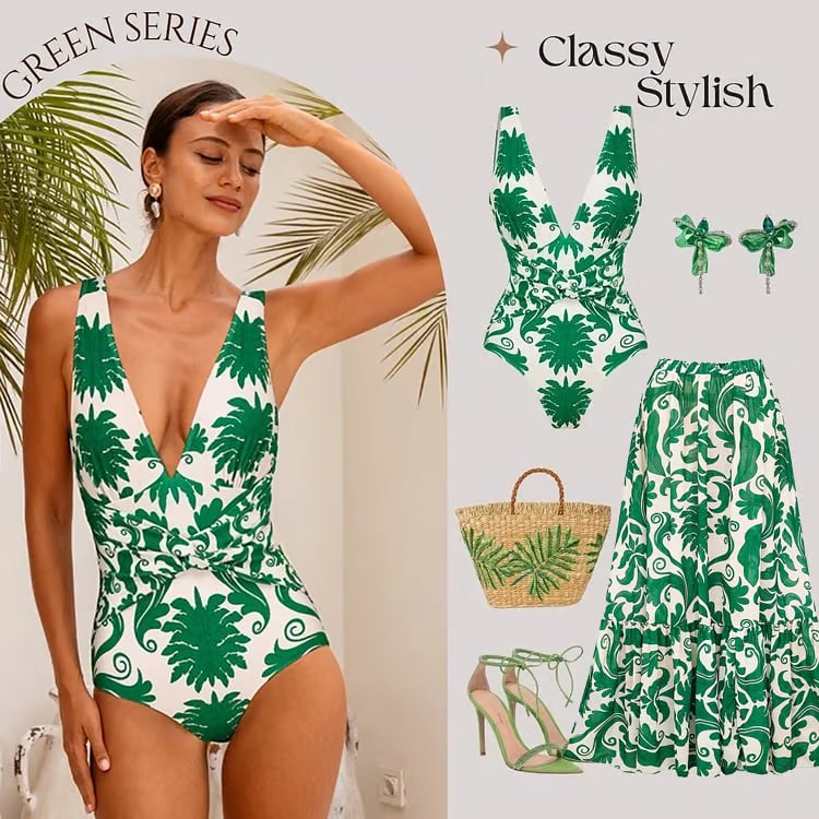 V Neck Print Two Piece Swimsuit Set - Green