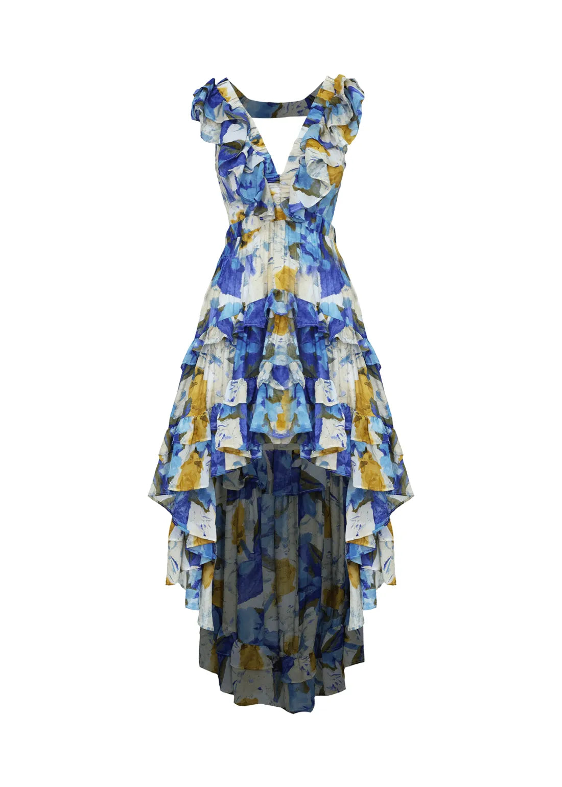 Vestido elegante com decote em V irregular sem costas