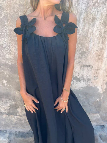 💕Vestido feminino de cor sólida com estampa floral e decote em U