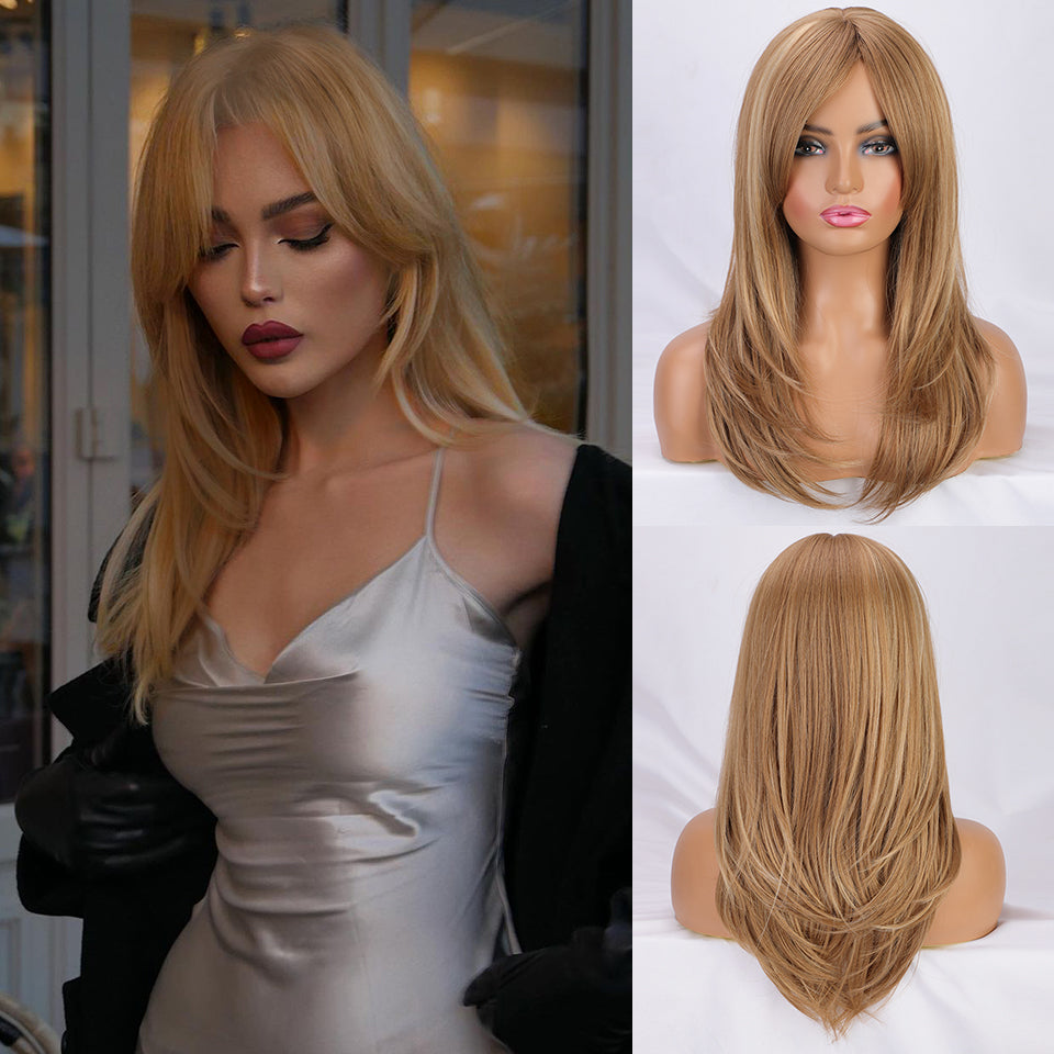 Ins Hot Ombre Blonde Wig with Bangs Long Curly Wig