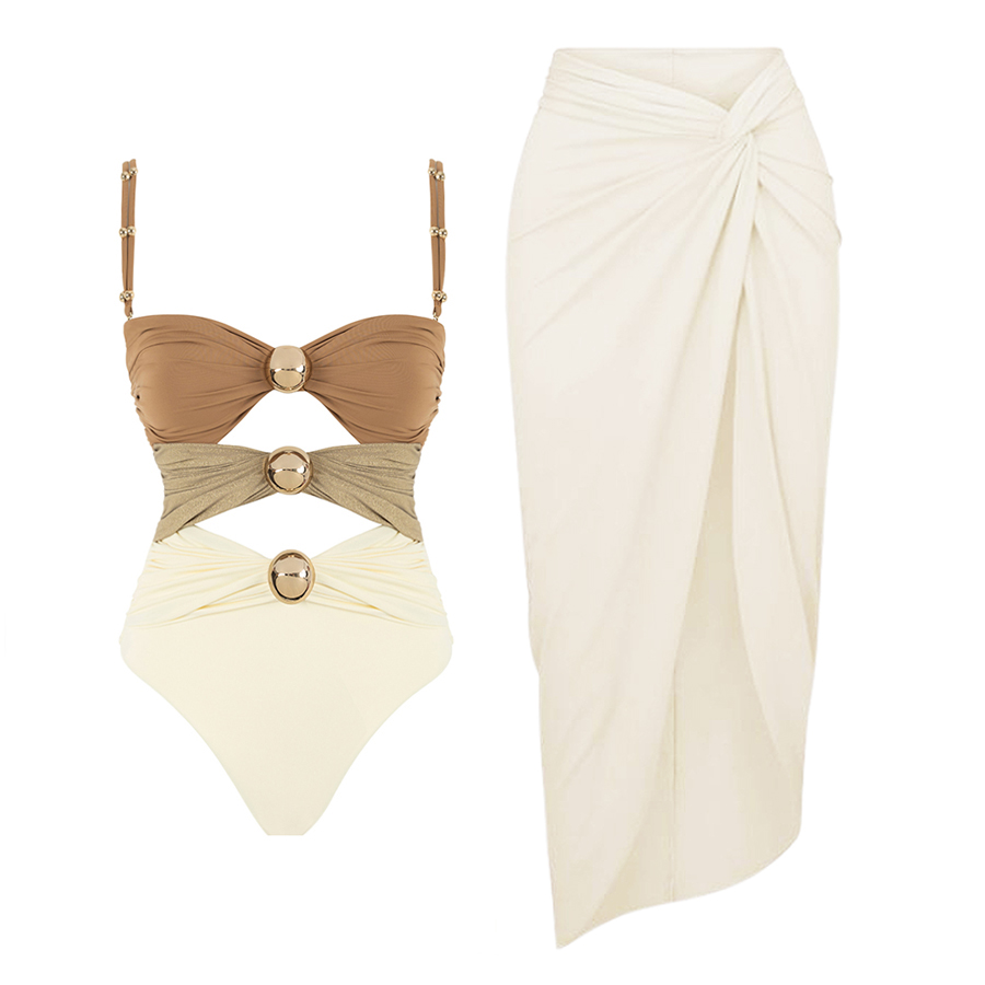 😍 Color Block Cutout One Piece Swimsuit and Sarong
