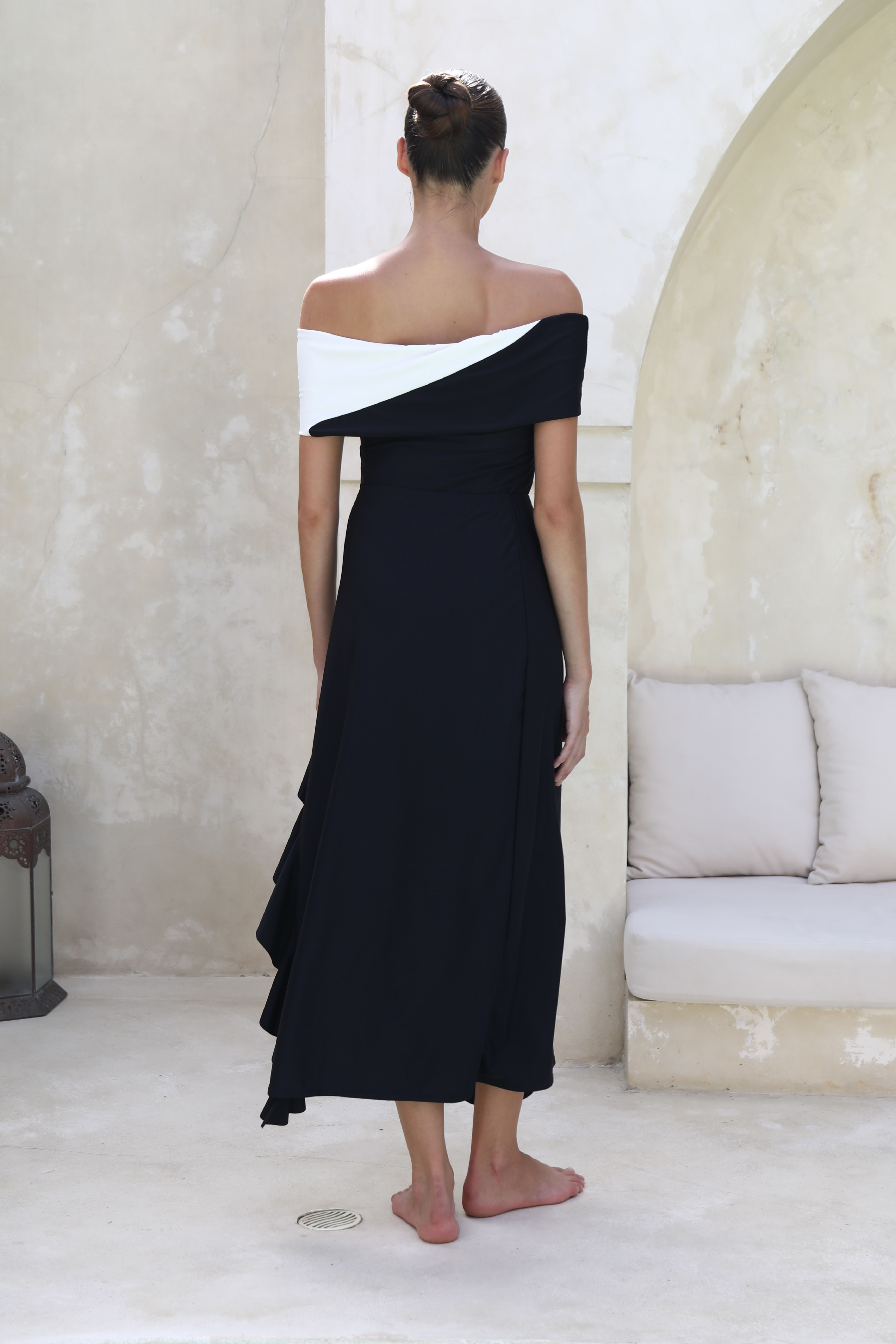 Off Shoulder Color Block One Piece Swimsuit and Skirt