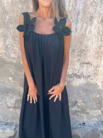 💕Vestido feminino de cor sólida com estampa floral e decote em U