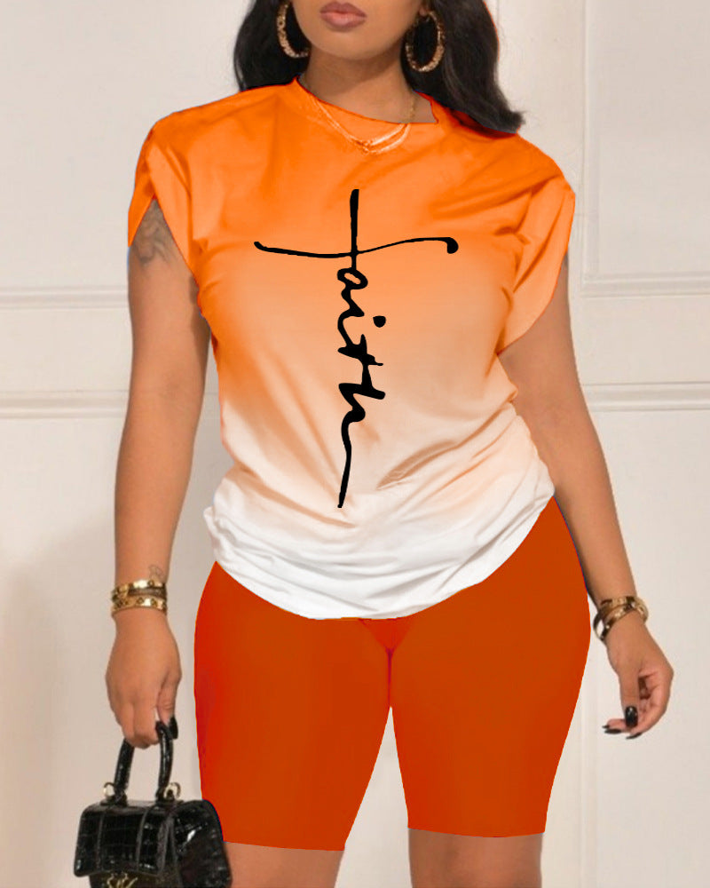 Set da due pezzi casual con stampa di lettere arancioni, girocollo, manica corta