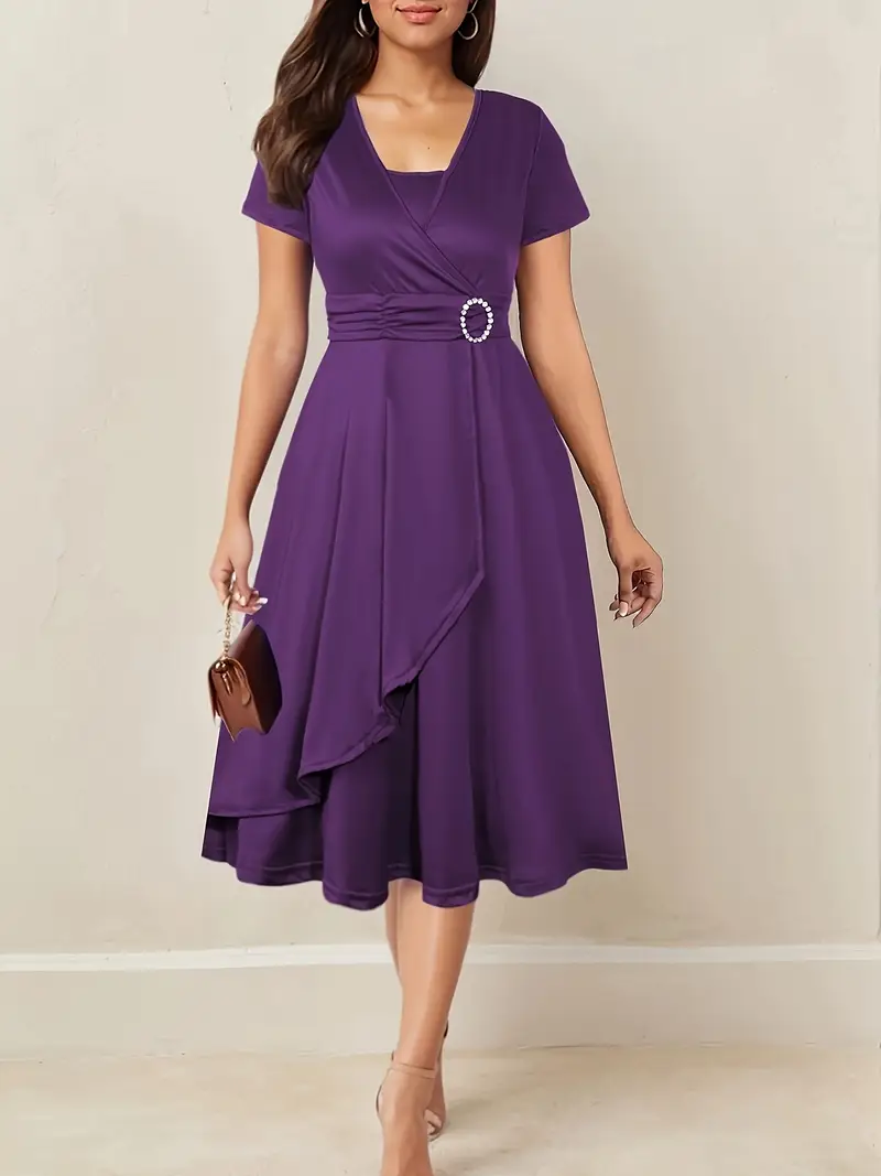 Vestido de verão feminino elegante com decote em V, cor sólida