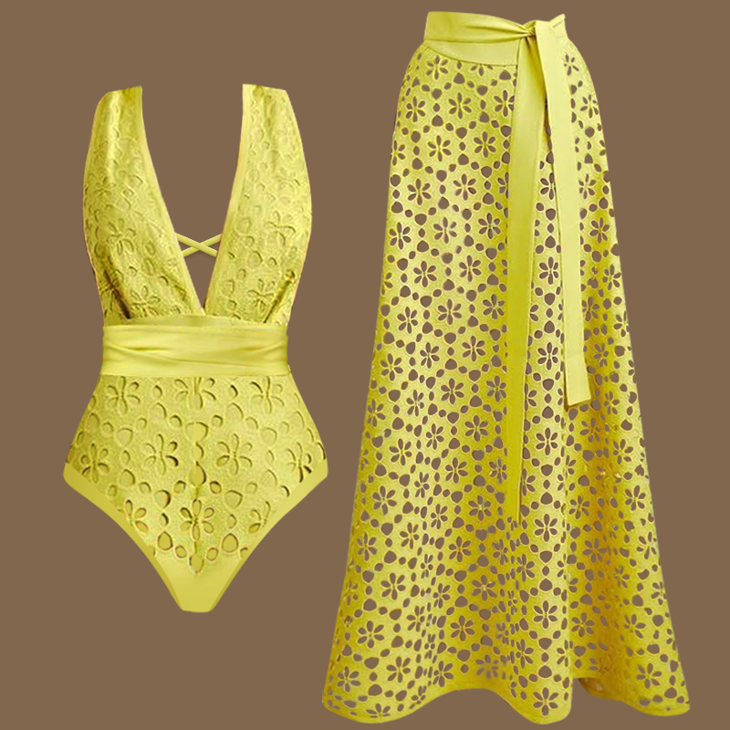 Yellow Color Laser Cutting Flower Hollow One Piece Swimsuit and Skirt