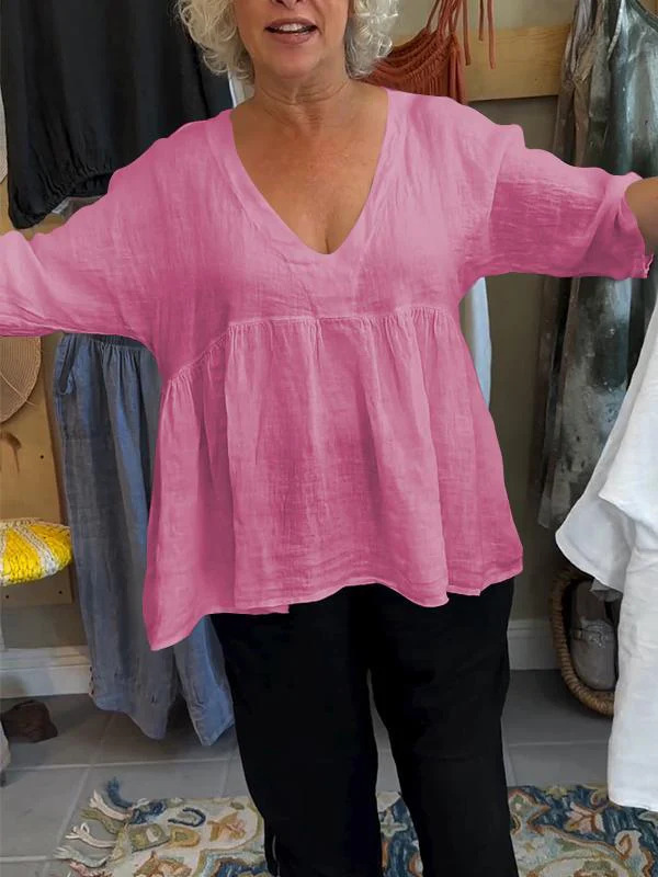 Top in cotone e lino con scollo a V profondo plissettato tinta unita e maniche a tre quarti