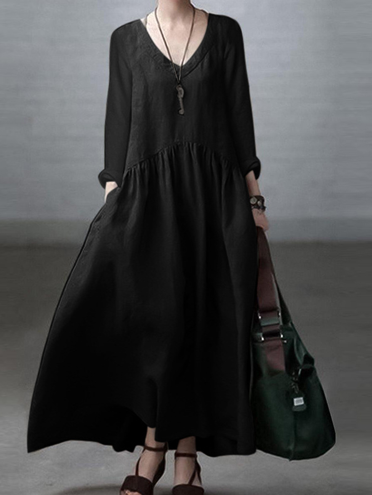 Casual Solid V Neck Long Sleeve Pocket Maxi Dress