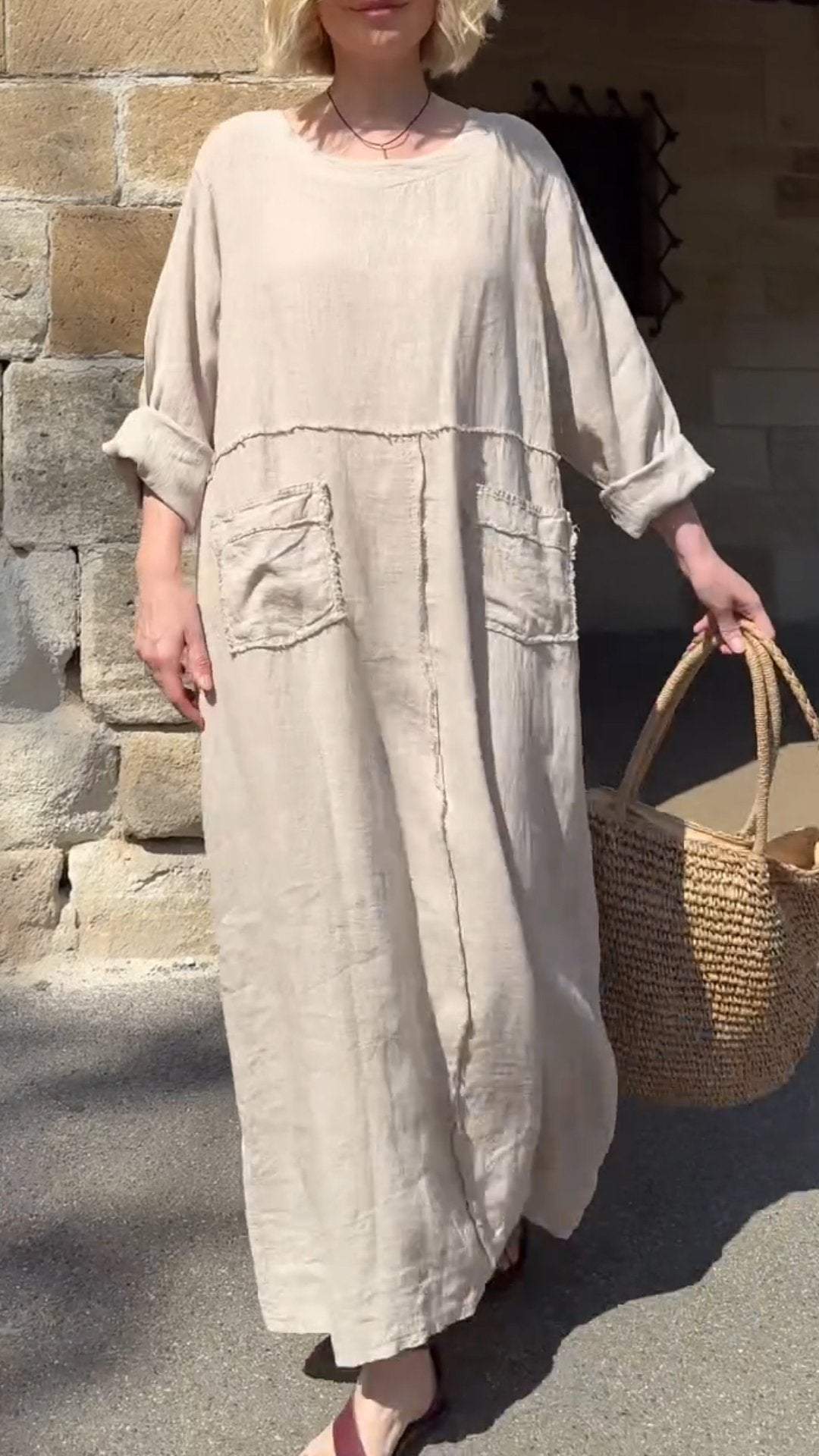 Vestido casual manga comprida algodão e linho gola redonda