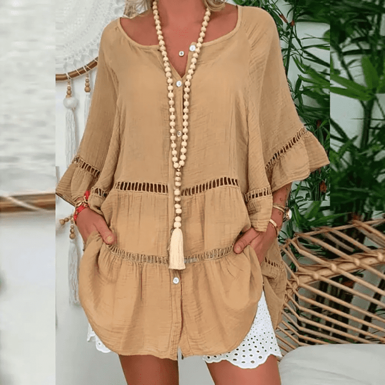 【S-5XL】Vestido solto de algodão e linho com decote em V e botões