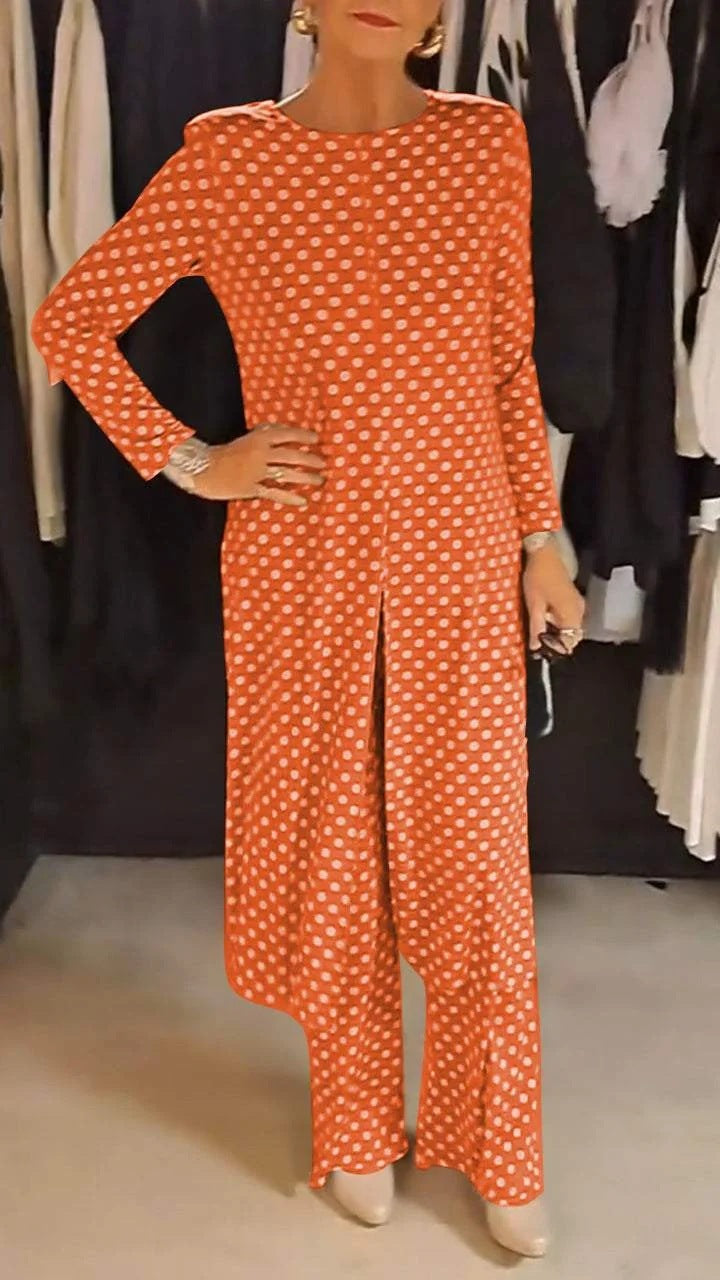 Tuta da donna con stampa a pois e maniche lunghe e scollo tondo