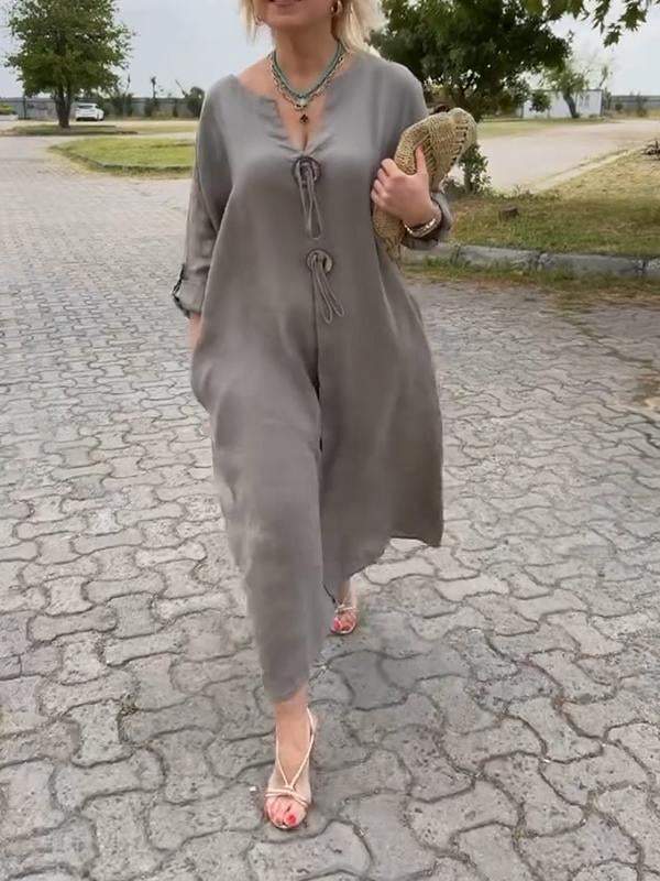 Vestido casual de algodão e linho com decote em V