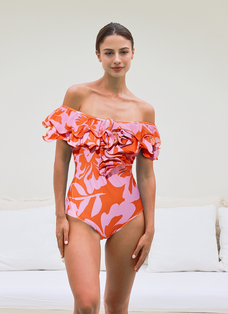 2025 New Off Shoulder Ruffled Printed One Piece Swimsuit and Skirt