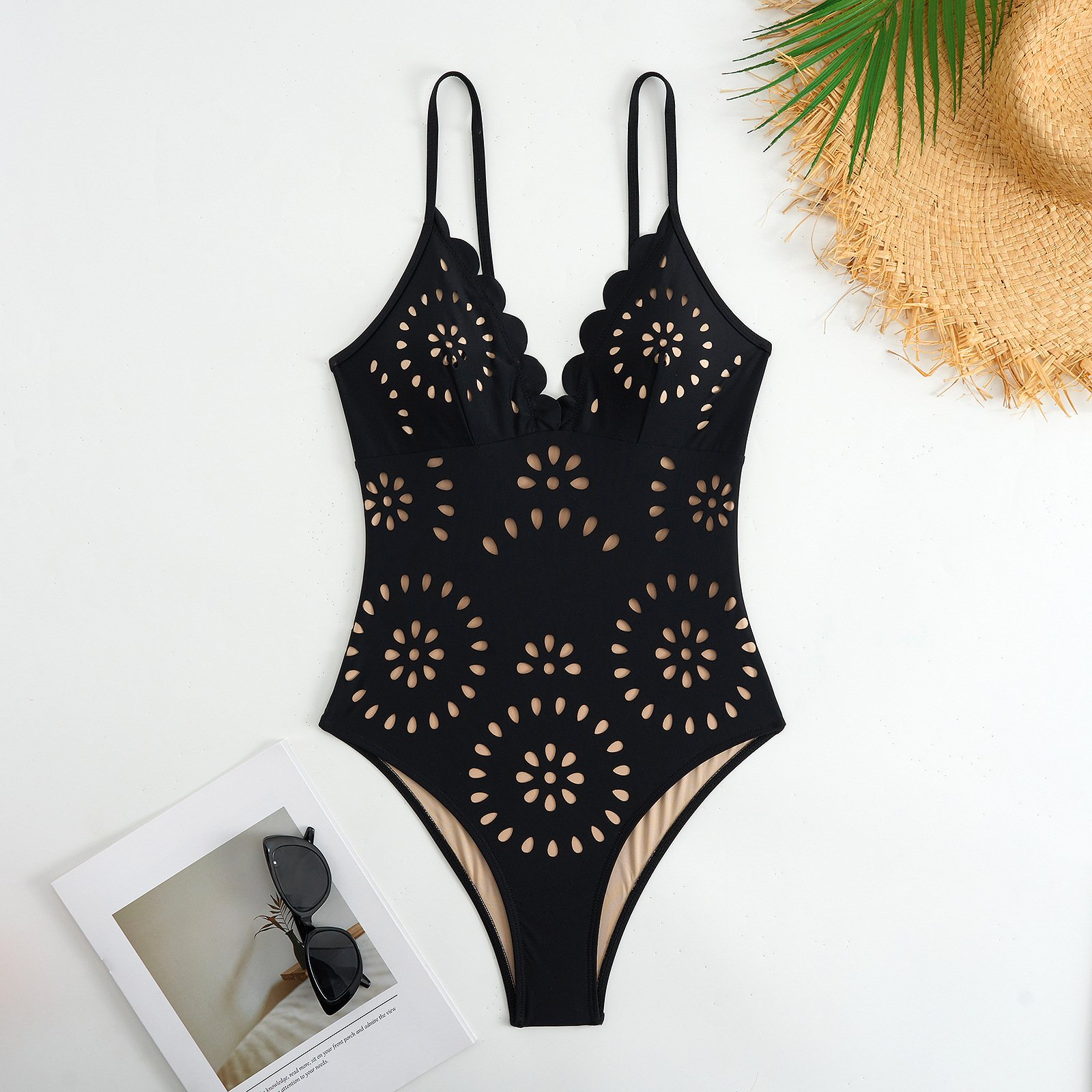 💖 2025 New 👙 Laser Cutting Flower Hollow Flared Skirt Swimsuit Set