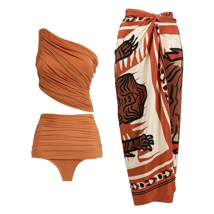 New design One Shoulder  Printed Wrap Skirt Swimsuit Set