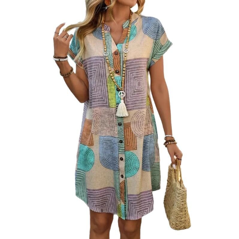 Vestido elegante com decote em V e mangas abotoadas