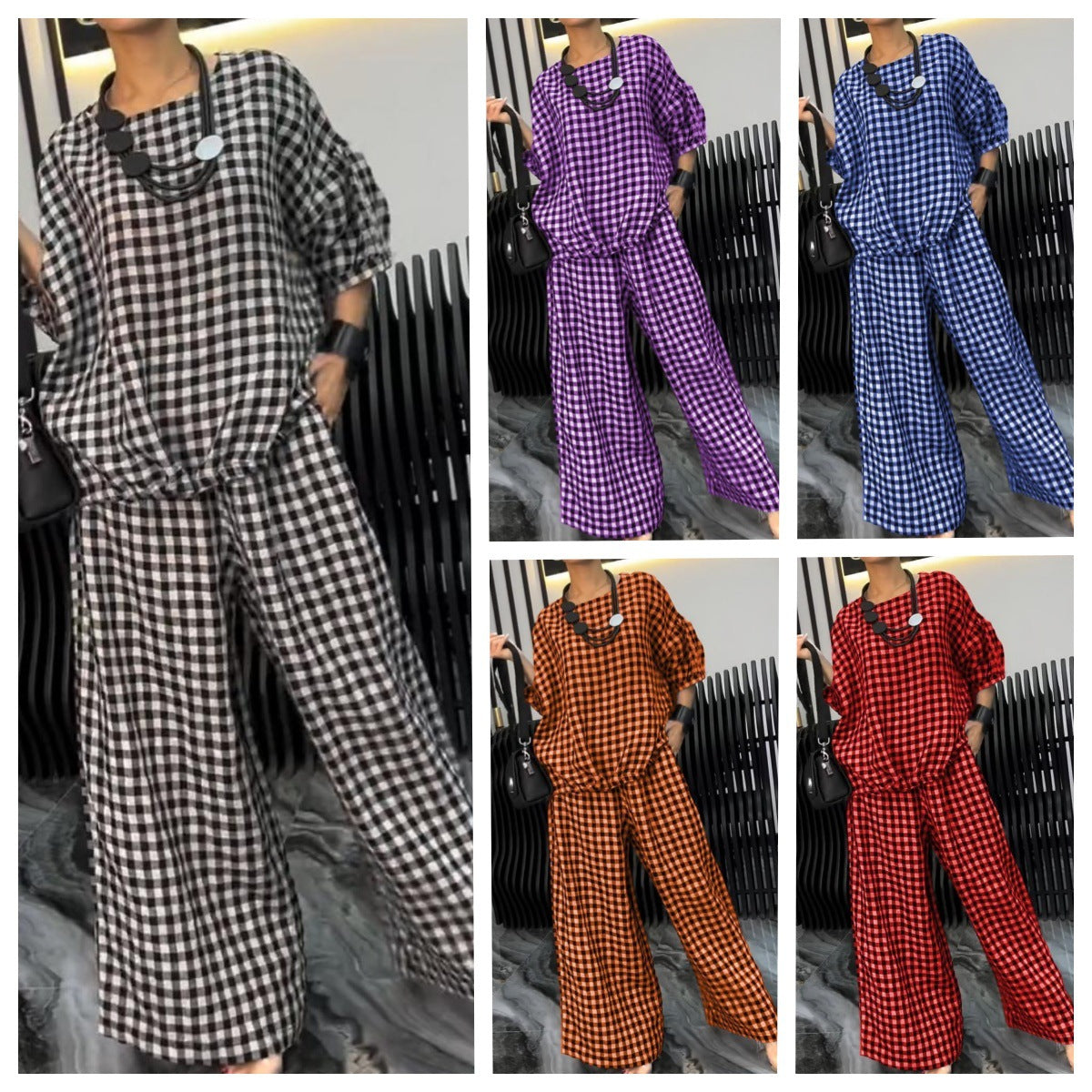 2024 Tailleur pantalone scozzese a gamba larga con coulisse sul retro