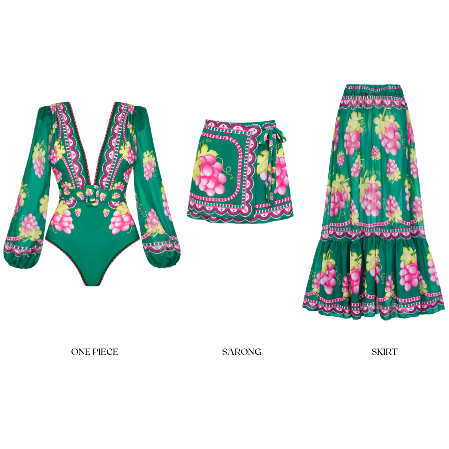 🌼 Long-sleeved Retro Green Grapes Print One Piece Swimsuit and Skirt 😍