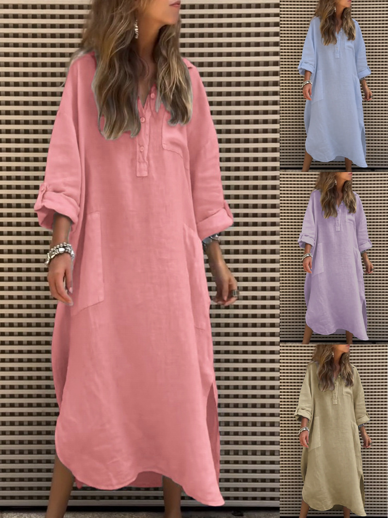 Abito da donna in cotone e lino con scollo a V e maniche lunghe