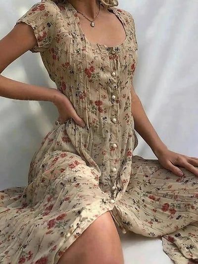 Vestito a tubino da donna, manica corta, con bottoni floreali e stampa frontale, estivo