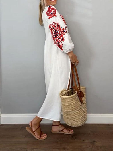 Abito casual con scollo a V ricamato da donna