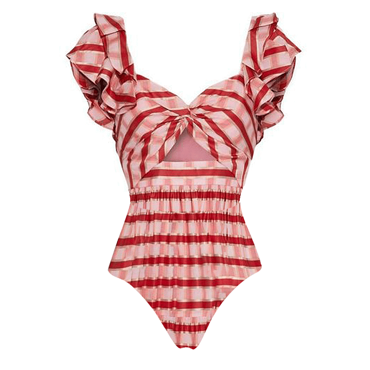 😍 Ruffle Red Striped Printed Cut Out One Piece and Skirt Swimsuit Set