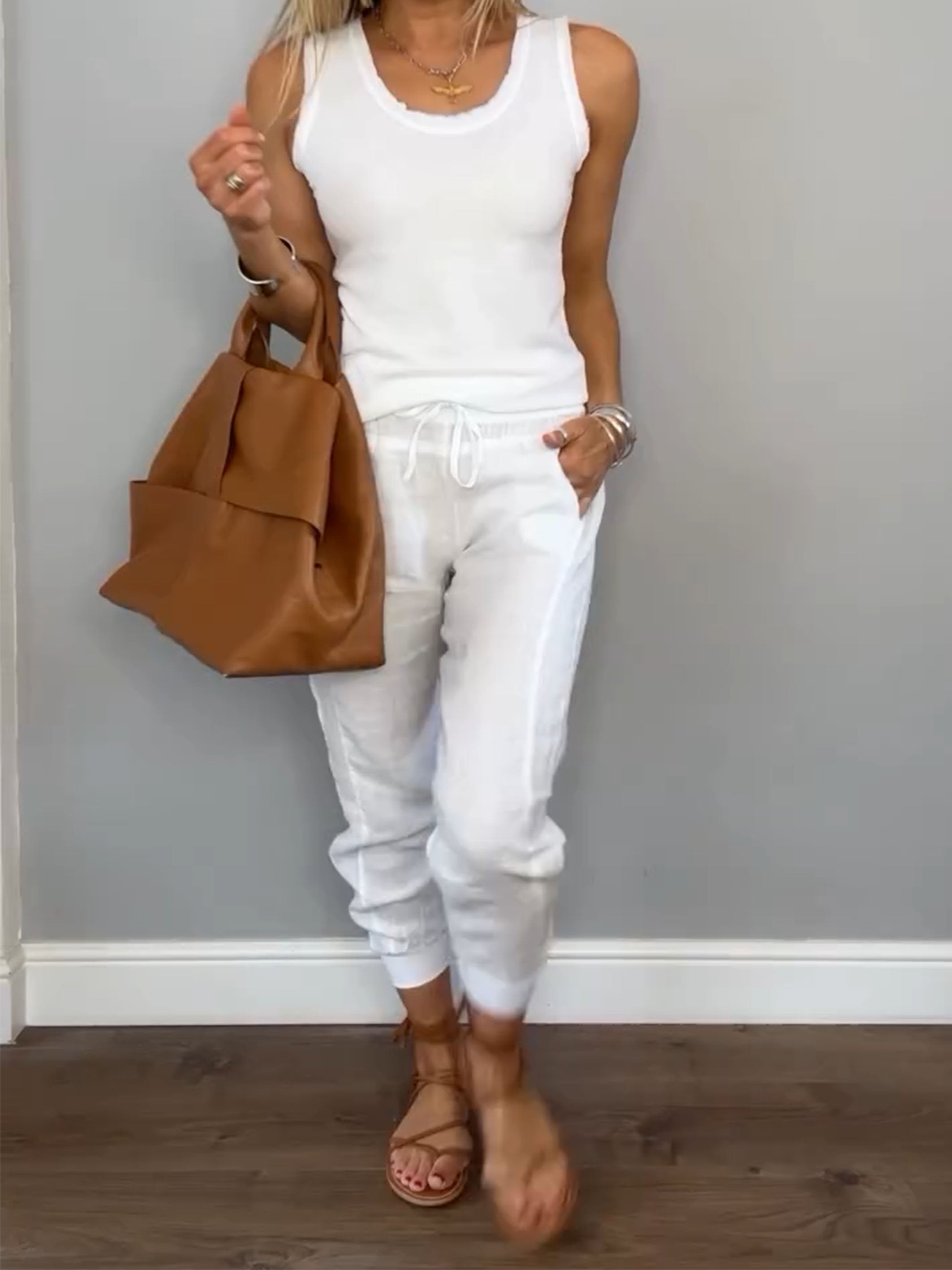 Completo casual da donna in due pezzi in cotone e lino estivo Daliy
