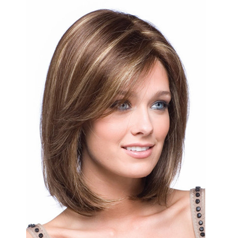Medium length brown wig with highlights and side bangs
