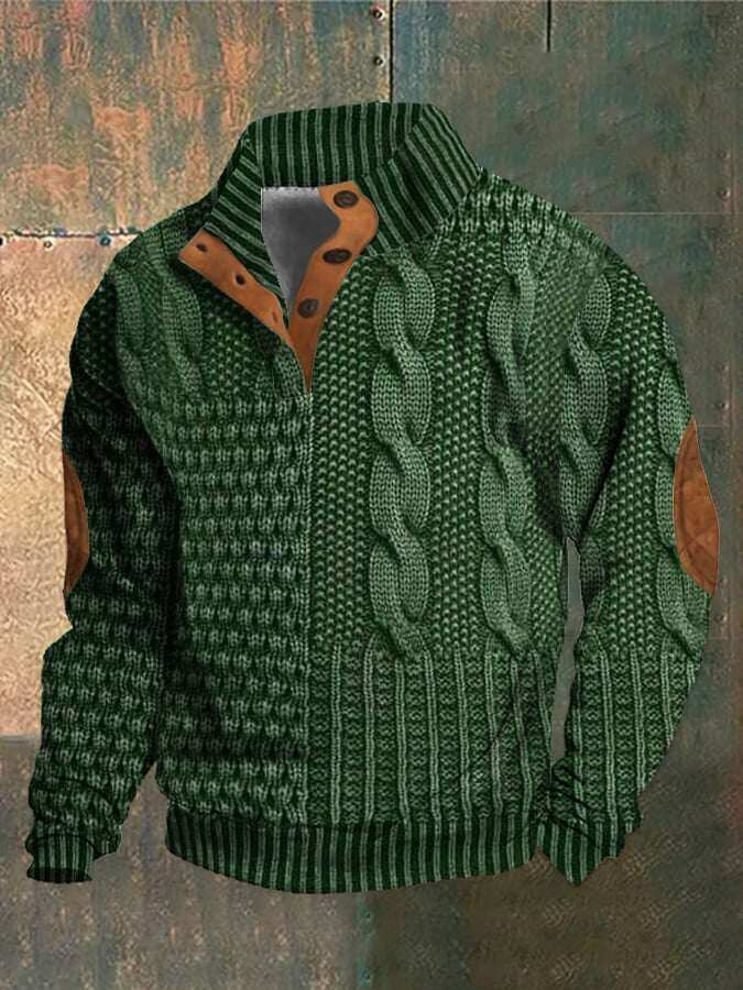 Moletom casual masculino com estampa retrô com gola e botão
